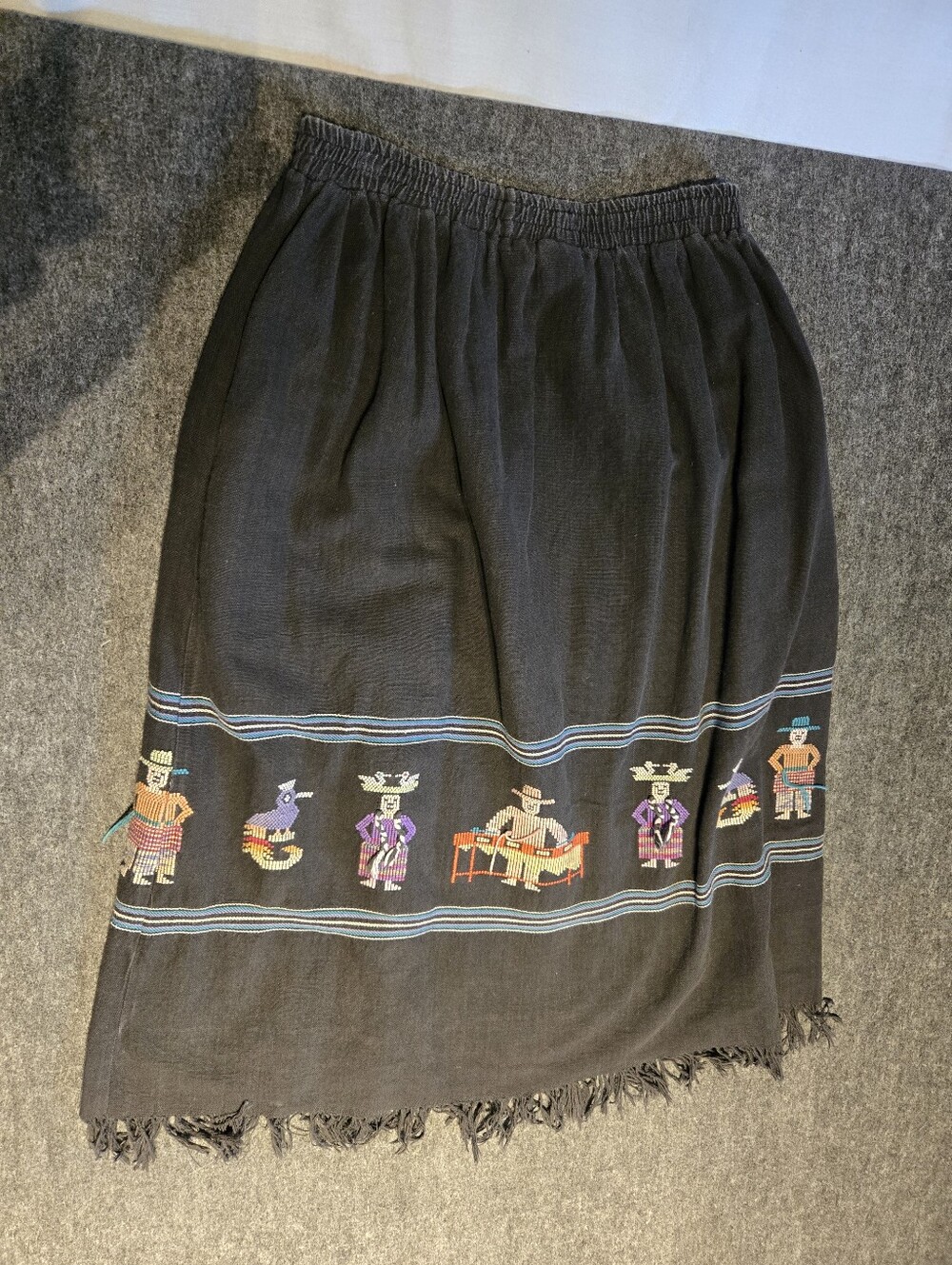 Womens Vintage Black  Native Embroidered Fringe Midi Skirt - Picture 3 of 10
